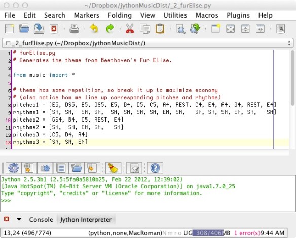 Using the jEdit editor to edit and run a jythonMusic program.